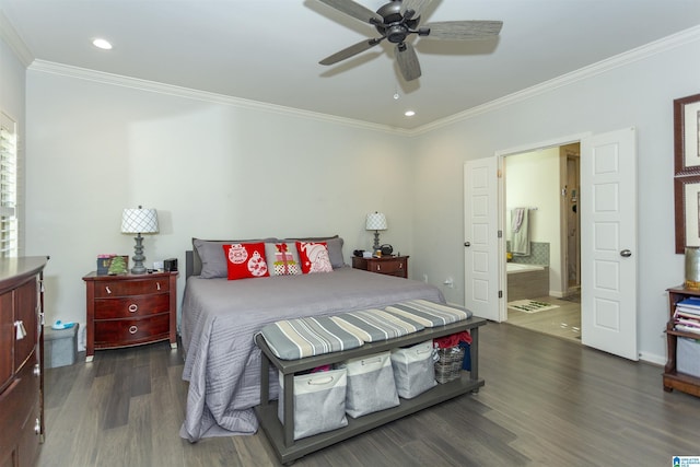 bedroom with ceiling fan, ensuite bathroom, dark hardwood / wood-style floors, and ornamental molding