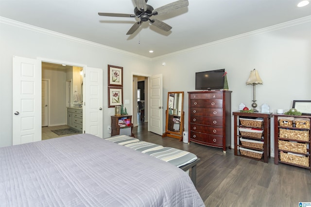 bedroom with dark hardwood / wood-style flooring, ensuite bathroom, ceiling fan, and ornamental molding