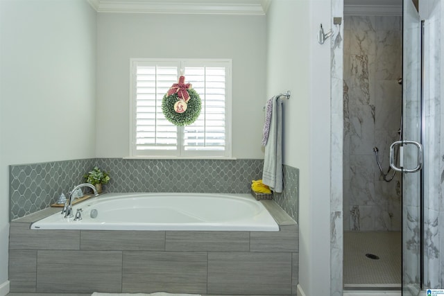 bathroom with separate shower and tub and crown molding