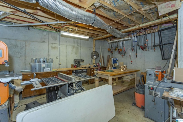 basement with a workshop area