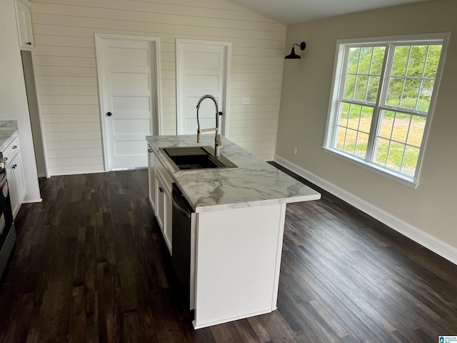 kitchen featuring dark hardwood / wood-style flooring, sink, white cabinets, and a center island with sink