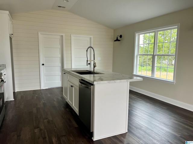 kitchen featuring dishwasher, dark hardwood / wood-style flooring, white cabinets, and a wealth of natural light