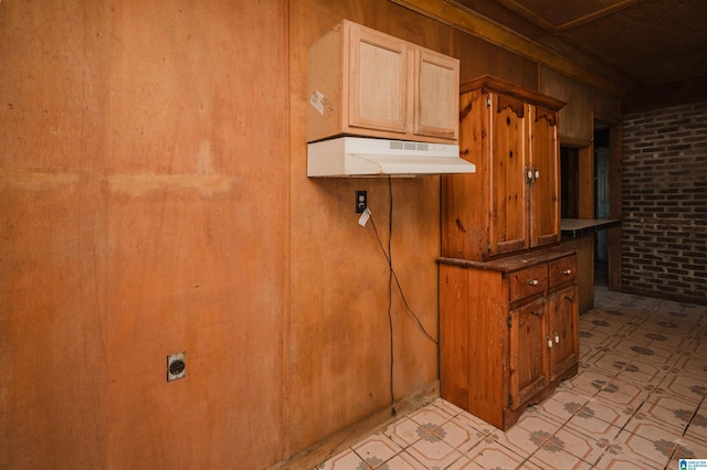 kitchen with brick wall and wooden walls