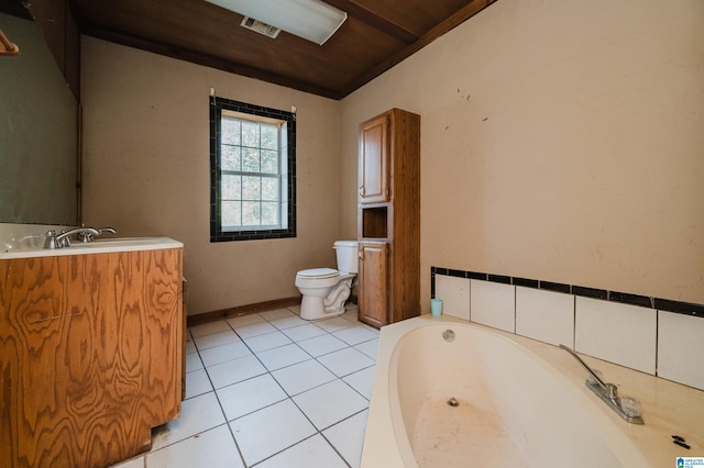 bathroom with vanity, wooden ceiling, a bathing tub, tile patterned flooring, and toilet