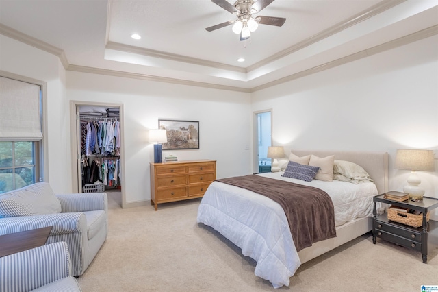 carpeted bedroom with a walk in closet, ornamental molding, a tray ceiling, ceiling fan, and a closet