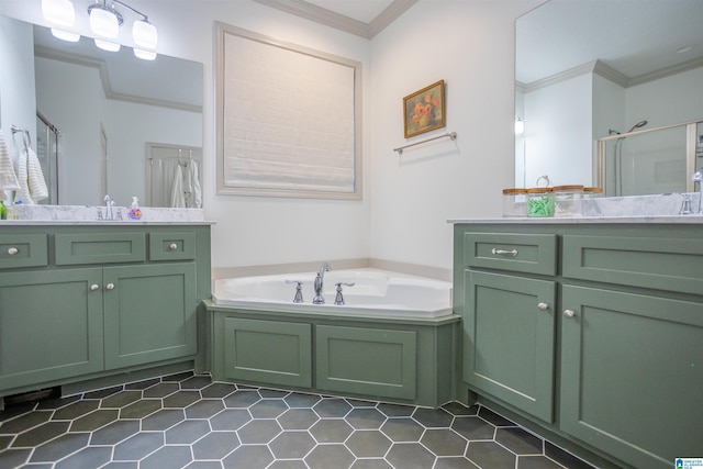 bathroom featuring tile patterned floors, vanity, crown molding, and shower with separate bathtub