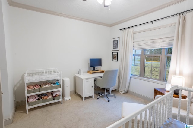 carpeted office with crown molding