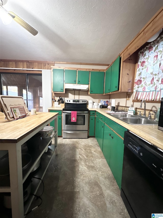 kitchen with stainless steel electric range, dishwasher, green cabinets, sink, and a textured ceiling