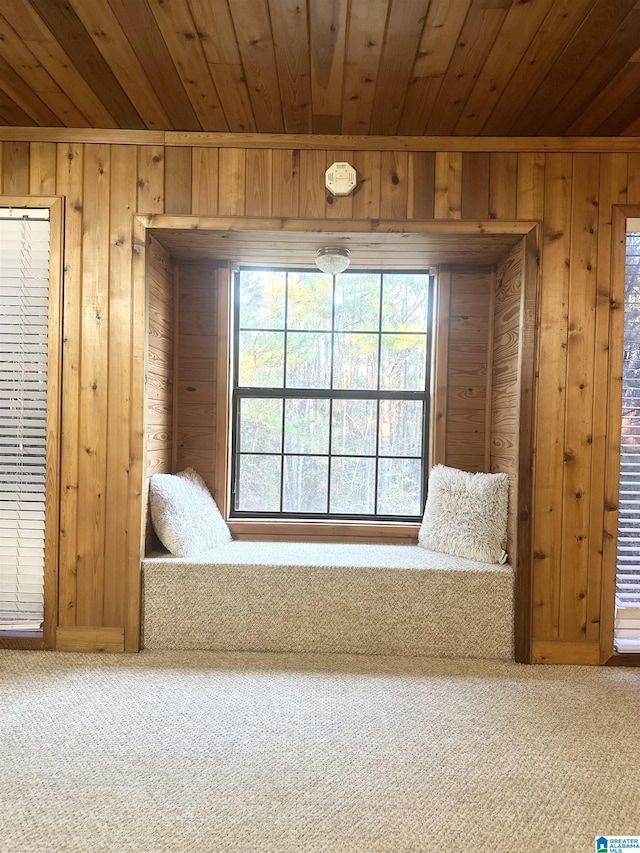 unfurnished room with wooden walls, carpet floors, and wooden ceiling