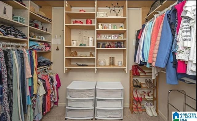 spacious closet featuring light carpet