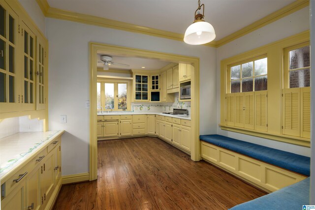 kitchen with stainless steel microwave, dark hardwood / wood-style floors, backsplash, decorative light fixtures, and ornamental molding