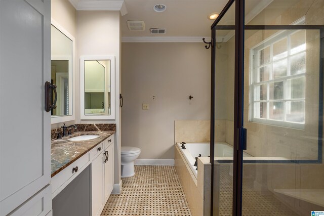 full bathroom with toilet, vanity, shower with separate bathtub, and ornamental molding