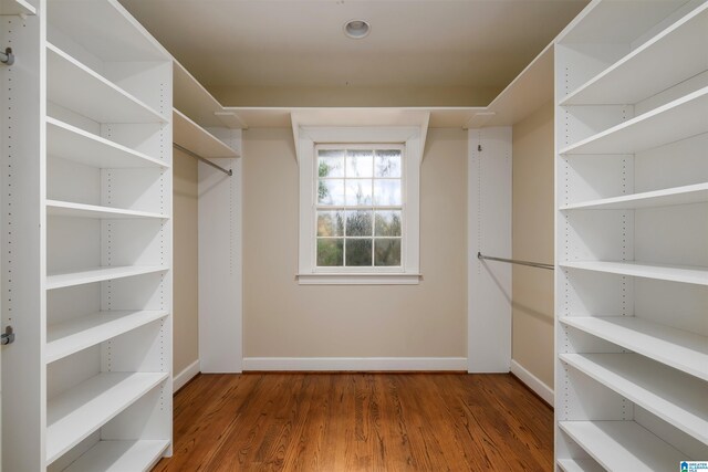 spacious closet featuring dark hardwood / wood-style flooring