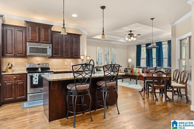 kitchen with ceiling fan, stainless steel appliances, decorative light fixtures, and light wood-type flooring