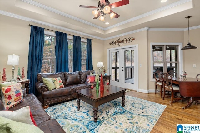 living room featuring a healthy amount of sunlight, a raised ceiling, ornamental molding, and french doors