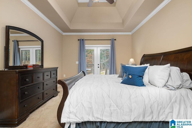 carpeted bedroom featuring french doors, access to outside, ceiling fan, and crown molding