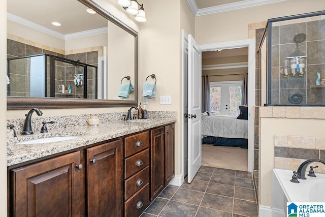 bathroom with vanity, french doors, tile patterned flooring, and ornamental molding