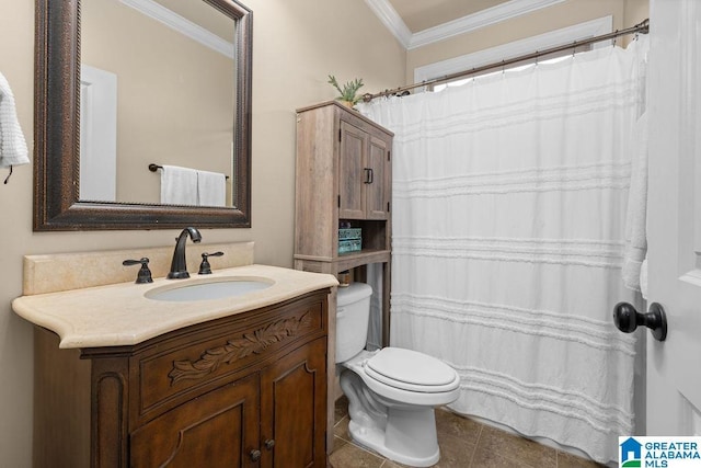 bathroom featuring tile patterned floors, toilet, vanity, and ornamental molding