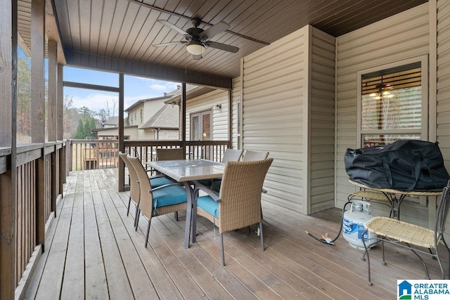 sunroom / solarium featuring ceiling fan and wooden ceiling