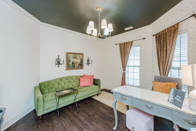 office area with a notable chandelier, dark hardwood / wood-style flooring, and ornamental molding