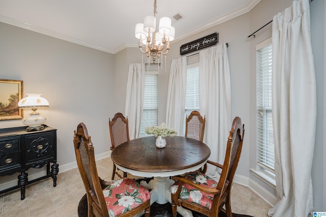 tiled dining space with a chandelier and ornamental molding