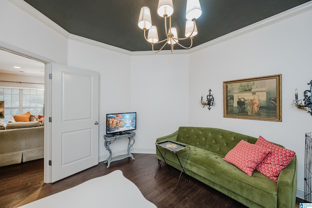 interior space featuring a notable chandelier, dark hardwood / wood-style flooring, and crown molding