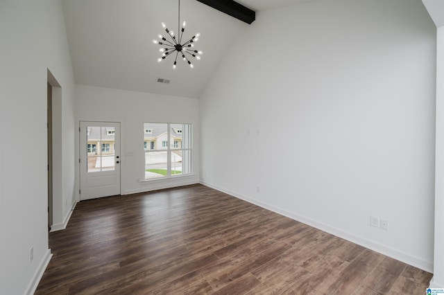 unfurnished living room featuring baseboards, an inviting chandelier, dark wood-style floors, beamed ceiling, and high vaulted ceiling