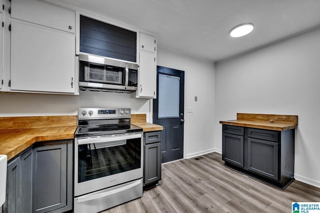 kitchen featuring white cabinets, wood counters, gray cabinetry, and stainless steel appliances