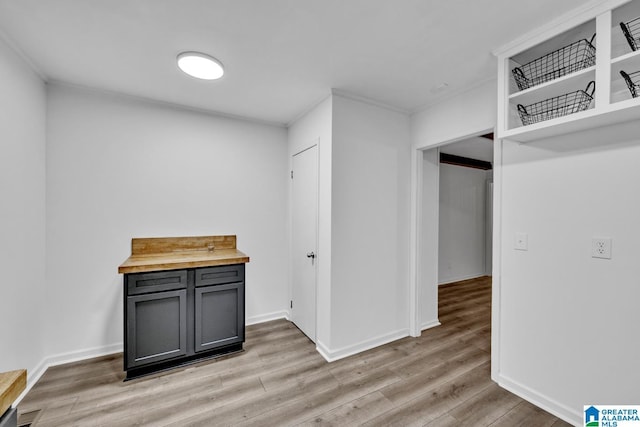 interior space featuring light hardwood / wood-style floors and ornamental molding