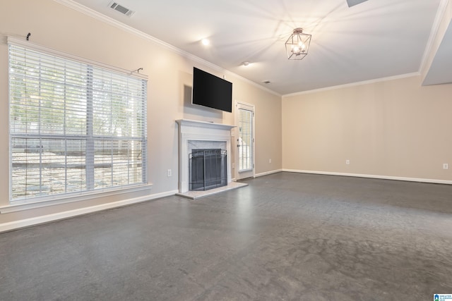 unfurnished living room featuring a notable chandelier, crown molding, and a high end fireplace