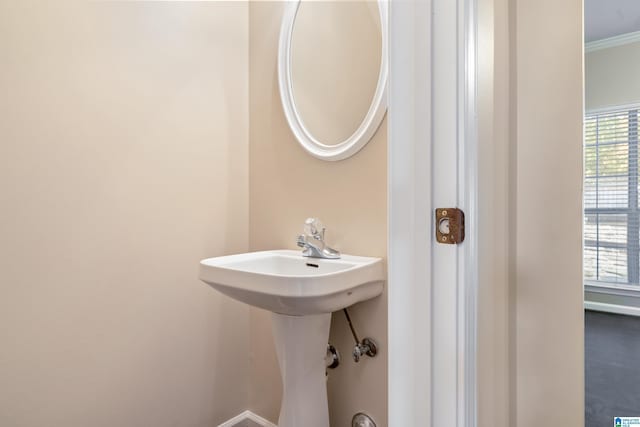 bathroom with sink, concrete flooring, and crown molding