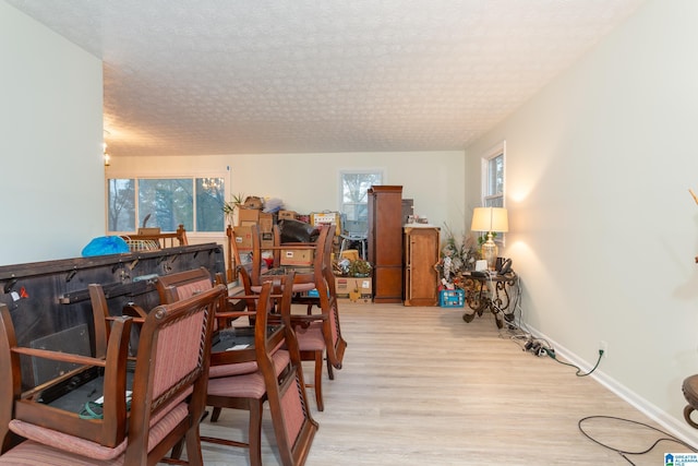 dining room with a textured ceiling and light hardwood / wood-style flooring