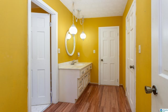 bathroom featuring vanity and wood-type flooring