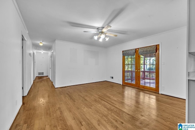 unfurnished living room with ceiling fan, light wood-type flooring, ornamental molding, and french doors