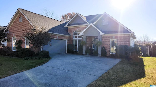 front facade with a front yard and a garage