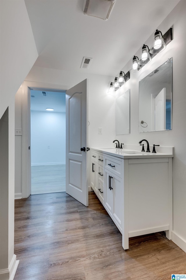 bathroom with wood-type flooring and vanity