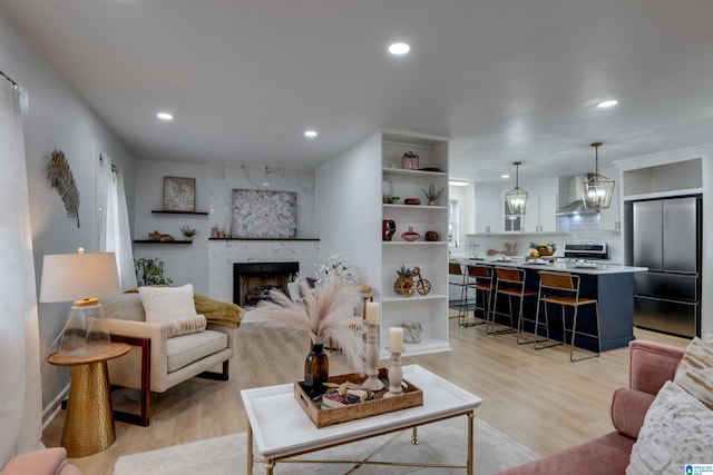 living room featuring a premium fireplace and light hardwood / wood-style flooring