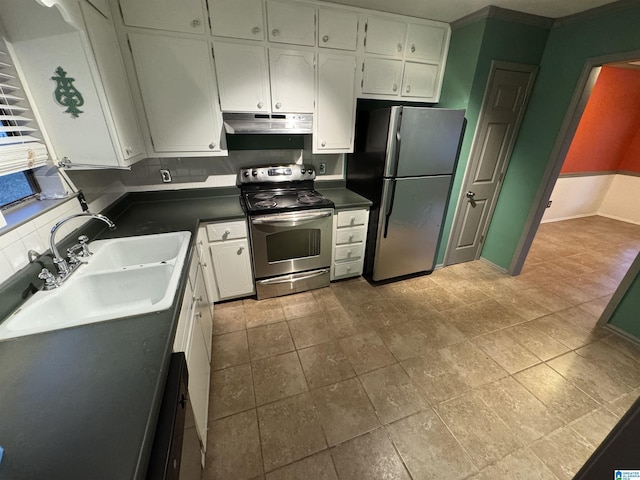 kitchen featuring white cabinets, crown molding, sink, appliances with stainless steel finishes, and tasteful backsplash