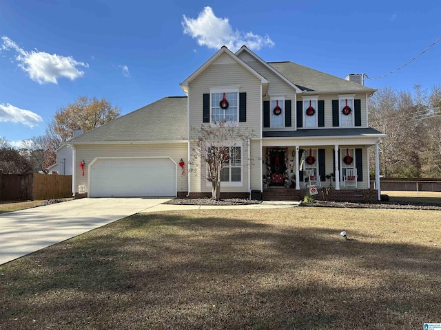 view of front of property with a front yard, a porch, and a garage