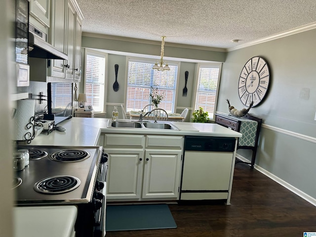 kitchen with white cabinetry, dishwasher, sink, an inviting chandelier, and pendant lighting