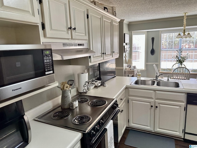 kitchen with pendant lighting, dishwasher, black range with electric cooktop, a notable chandelier, and white cabinetry