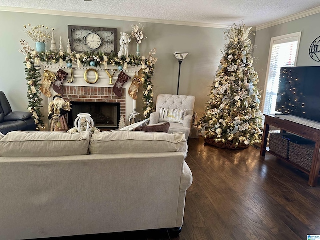 living room with a fireplace, dark wood-type flooring, a textured ceiling, and ornamental molding