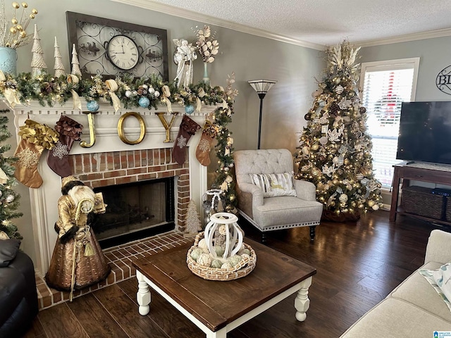 living room with a fireplace, a textured ceiling, dark hardwood / wood-style floors, and a wealth of natural light