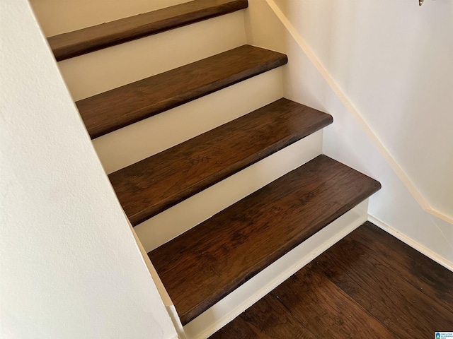 staircase with hardwood / wood-style floors