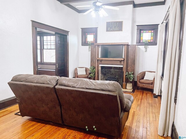 living room featuring ceiling fan and hardwood / wood-style floors