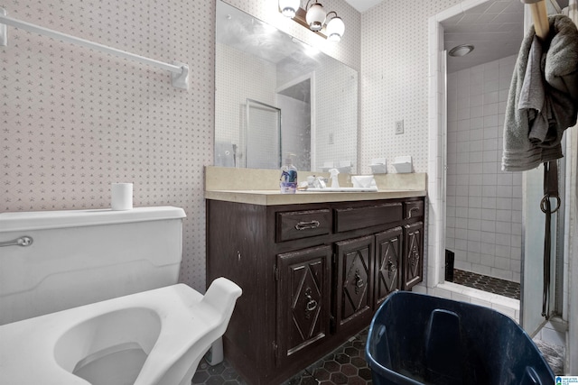 bathroom featuring shower with separate bathtub and vanity