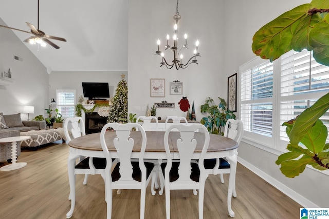 dining room with plenty of natural light, high vaulted ceiling, and hardwood / wood-style flooring