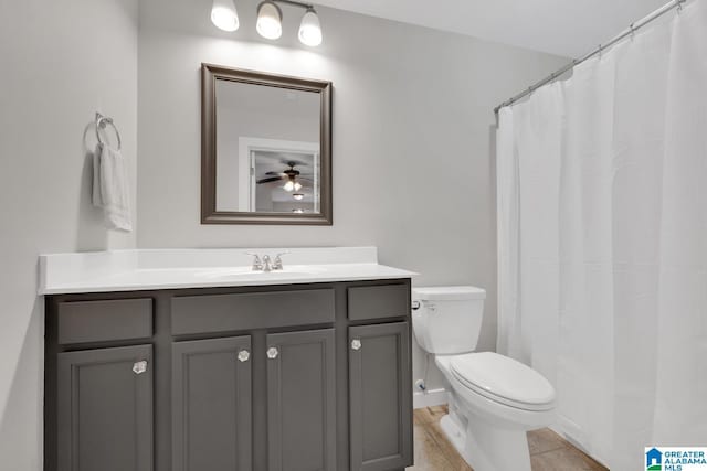 bathroom with tile patterned floors, ceiling fan, vanity, and toilet