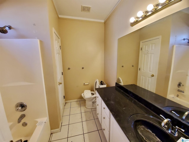 full bathroom with vanity, tile patterned floors, toilet, ornamental molding, and shower / bath combination