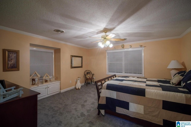 carpeted bedroom with ceiling fan, crown molding, and a textured ceiling